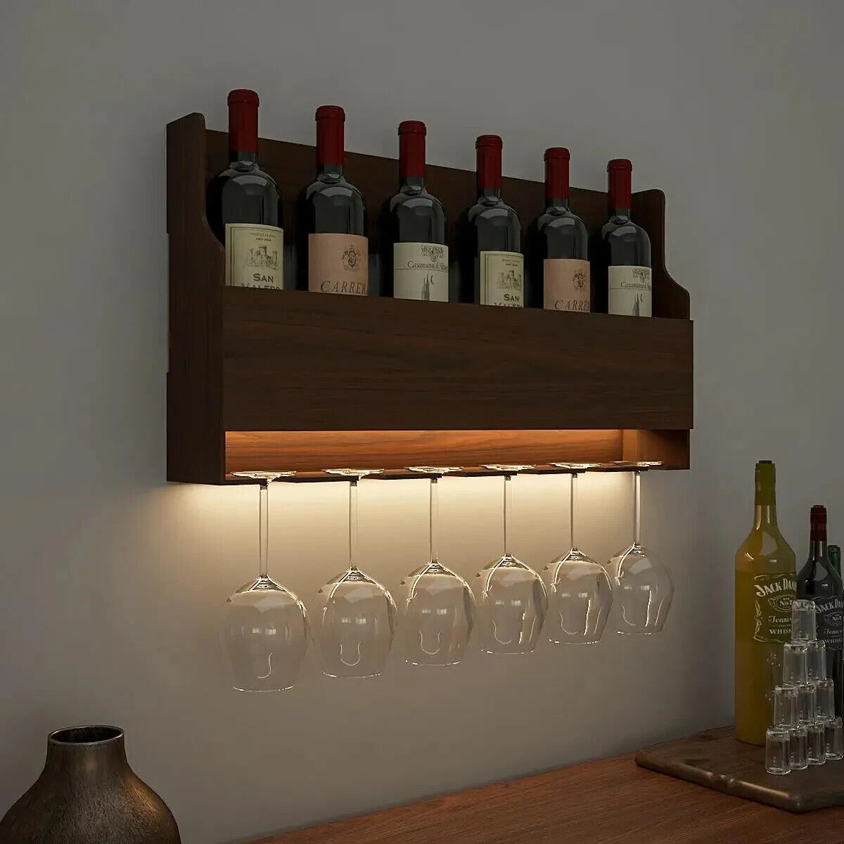 Spacious Backlit MDF Bar Wall Shelf / Mini Bar Cabinet in Walnut Finish