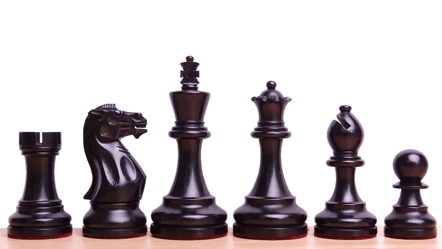 Repro Staunton Weighted Tournament Chess Pieces in Ebonized Box - 3 ¾ Inch King