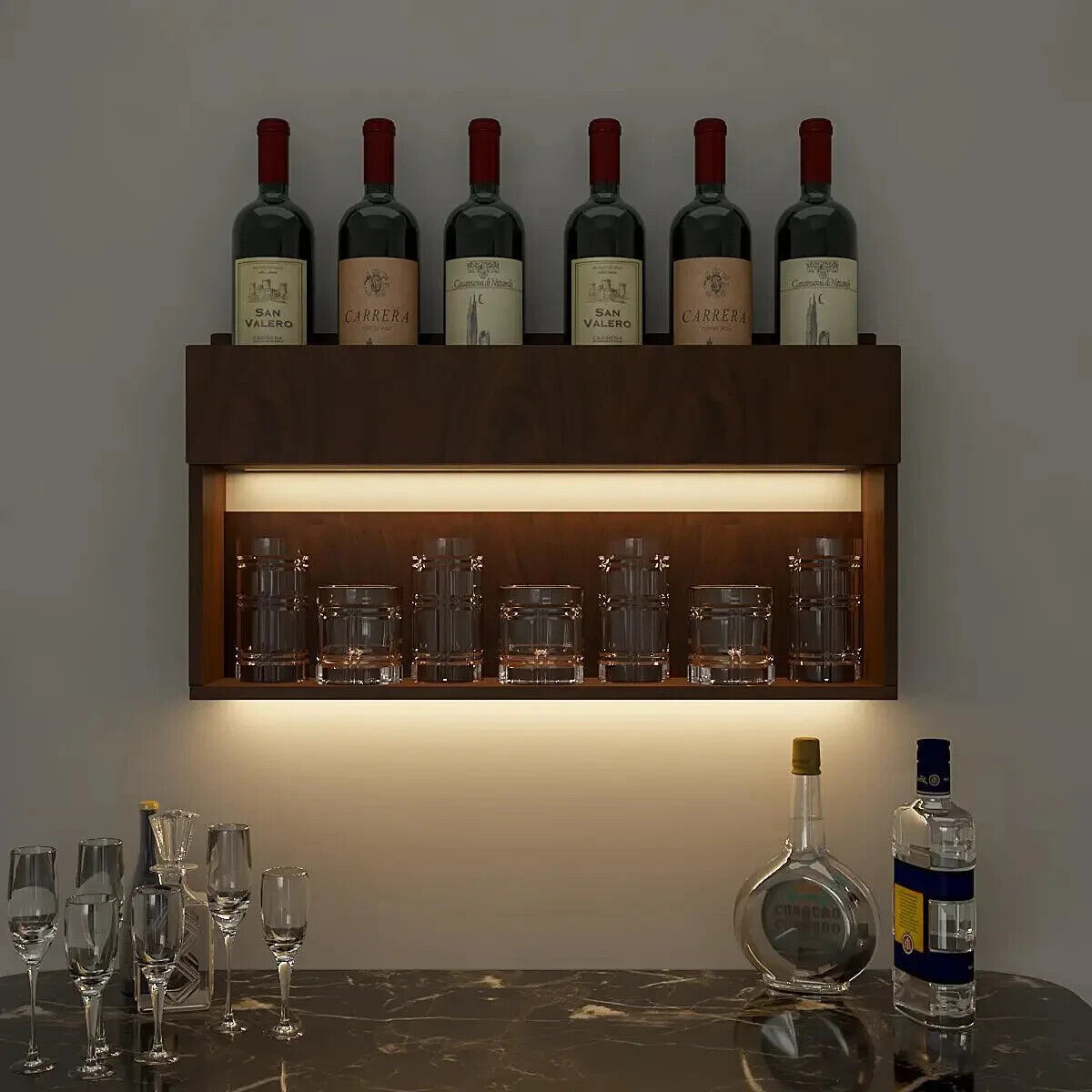 Modish Backlit MDF Bar Wall Shelf / Mini Bar Cabinet in Walnut Finish