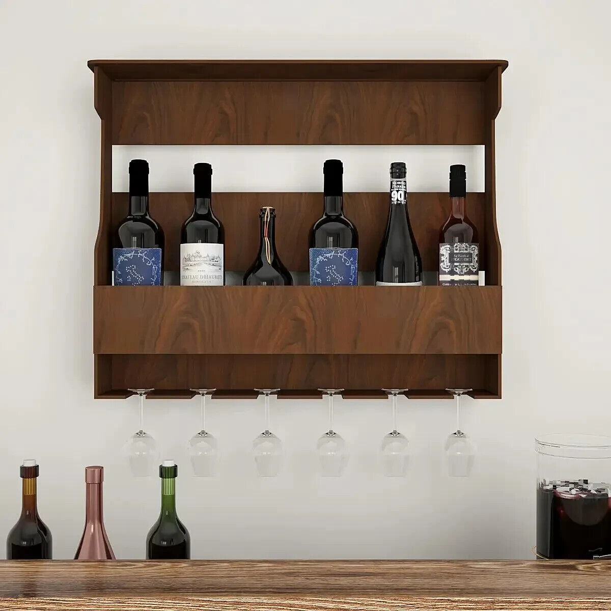 Backlit Wooden Bar Wall Shelf / Mini Bar Cabinet in Walnut Finish