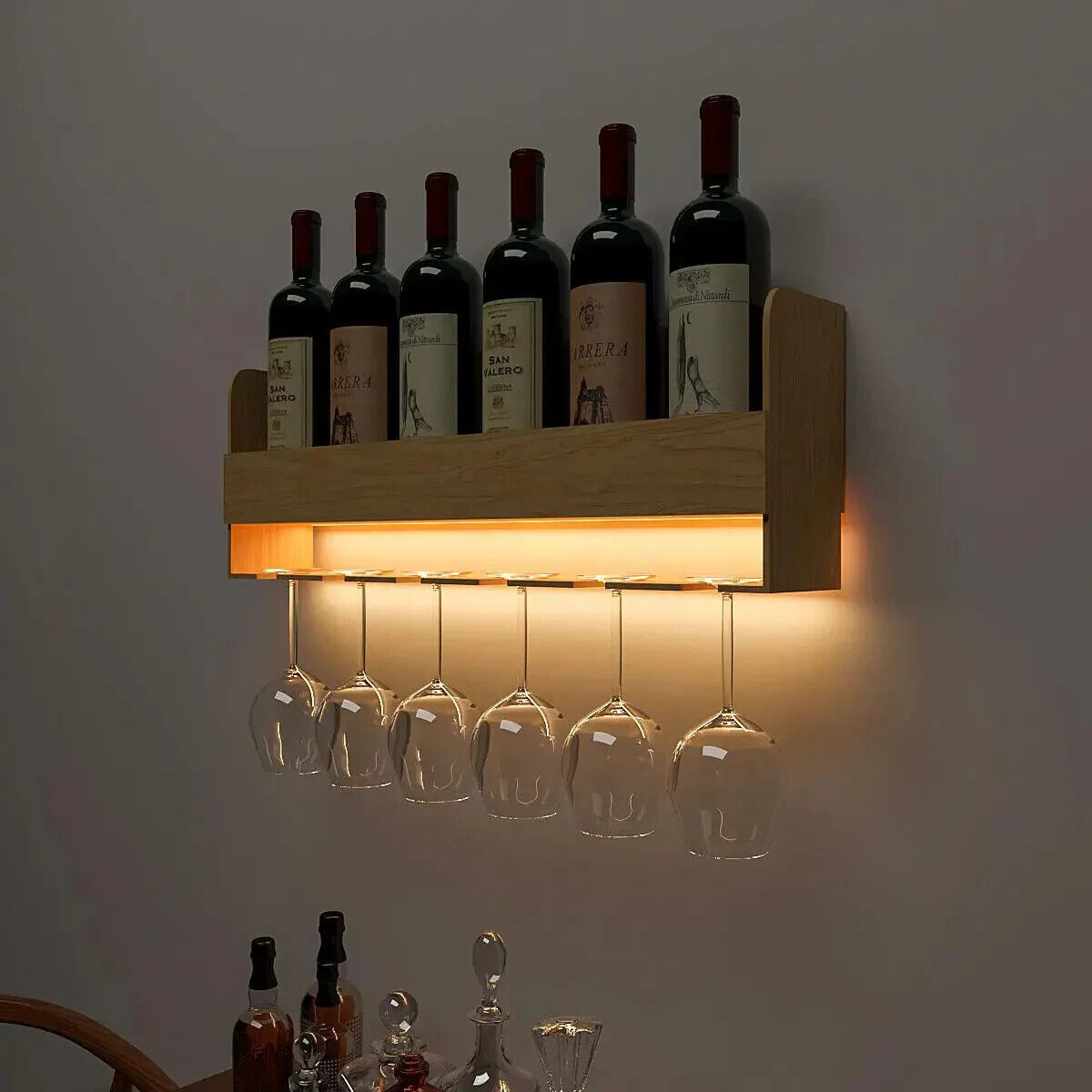 Minimalistic Backlit Wall Mounted Bar Shelf in Light Oak Finish