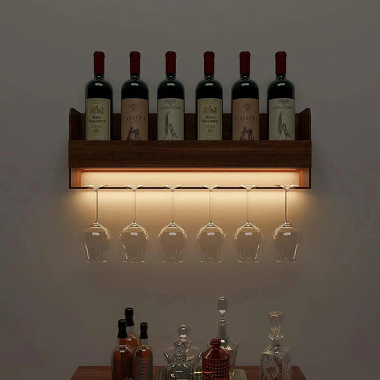 Engineered Wood Backlit Bar Wall Shelf / Mini Bar Cabinet in Walnut Finish