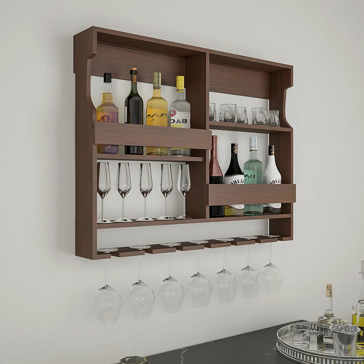 Luxurious Chocolate-Coloured Wooden Bar Wall Shelf / Mini Bar Cabinet