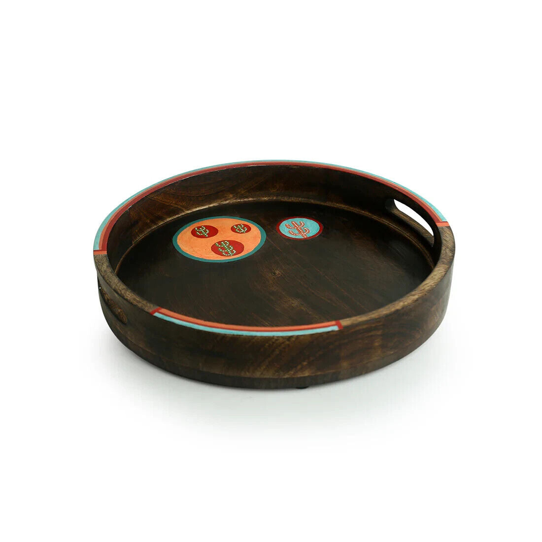 'Oasis Serves' Hand-Painted Round Serving Tray In Mango Wood