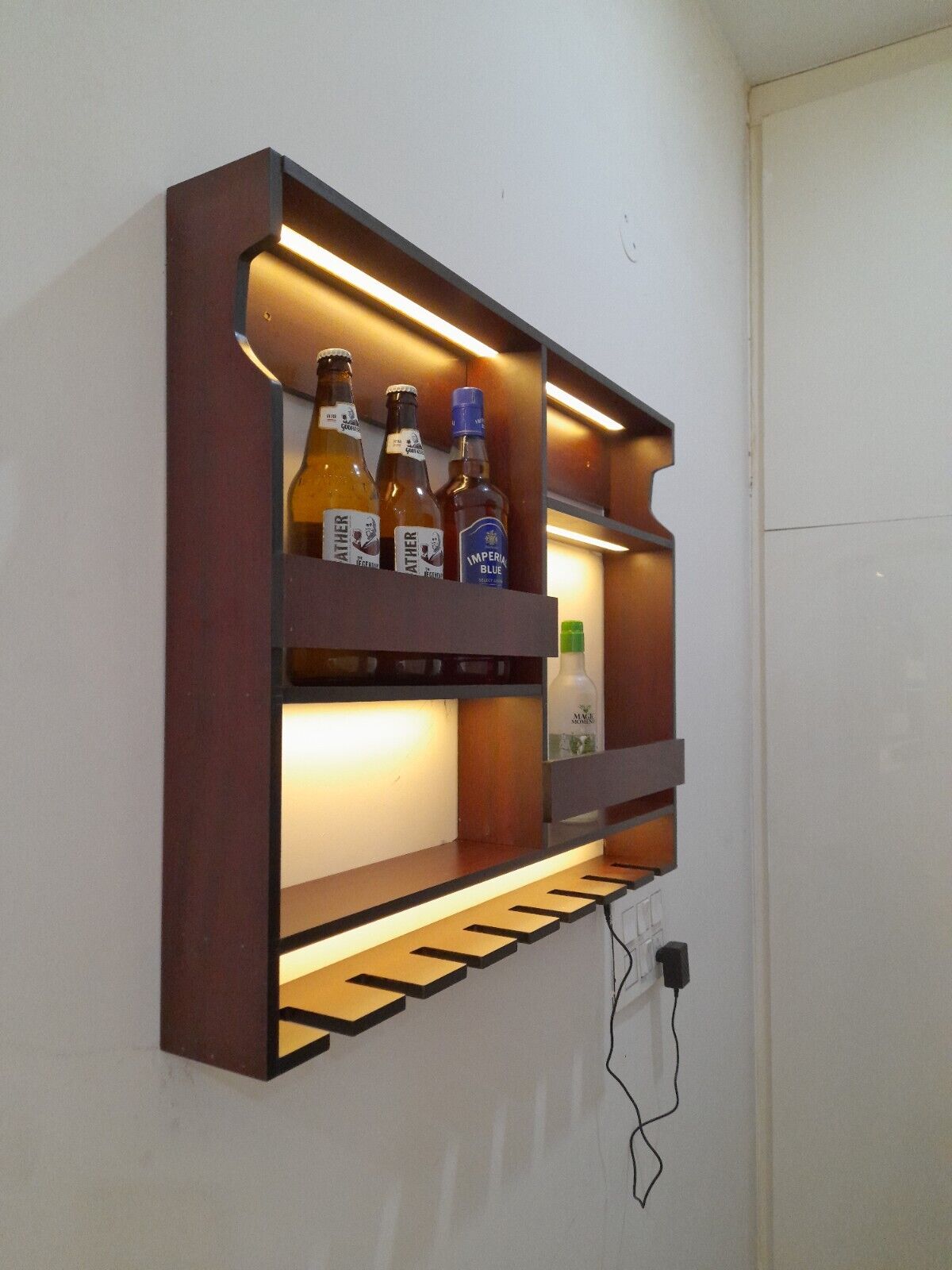 Luxurious Backlit Walnut-Finished Bar Shelf / Mini Bar Cabinet - 24 Inch