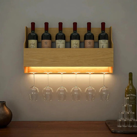 Simplistic Backlit MDF Wall Mounted Bar Shelf / Cabinet in Light Oak Finish