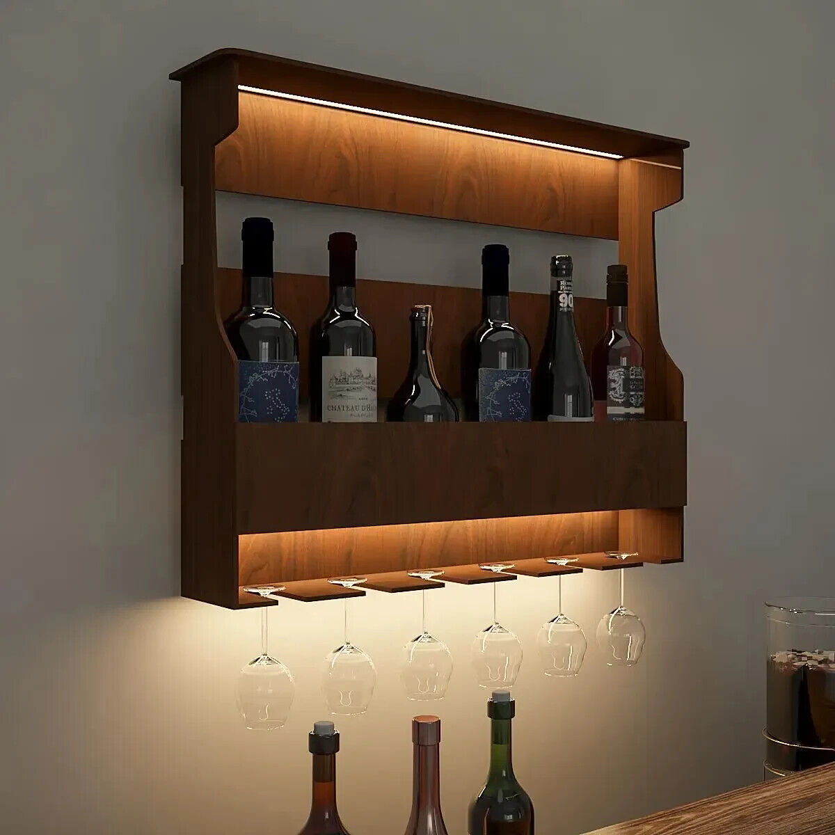 Backlit Wooden Bar Wall Shelf / Mini Bar Cabinet in Walnut Finish