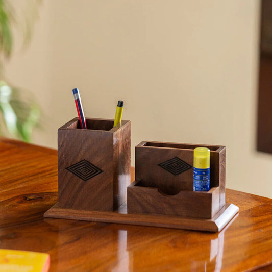 'Rhombus Rumbles' Hand-Carved Table Stationery Organiser In Sheesham Wood