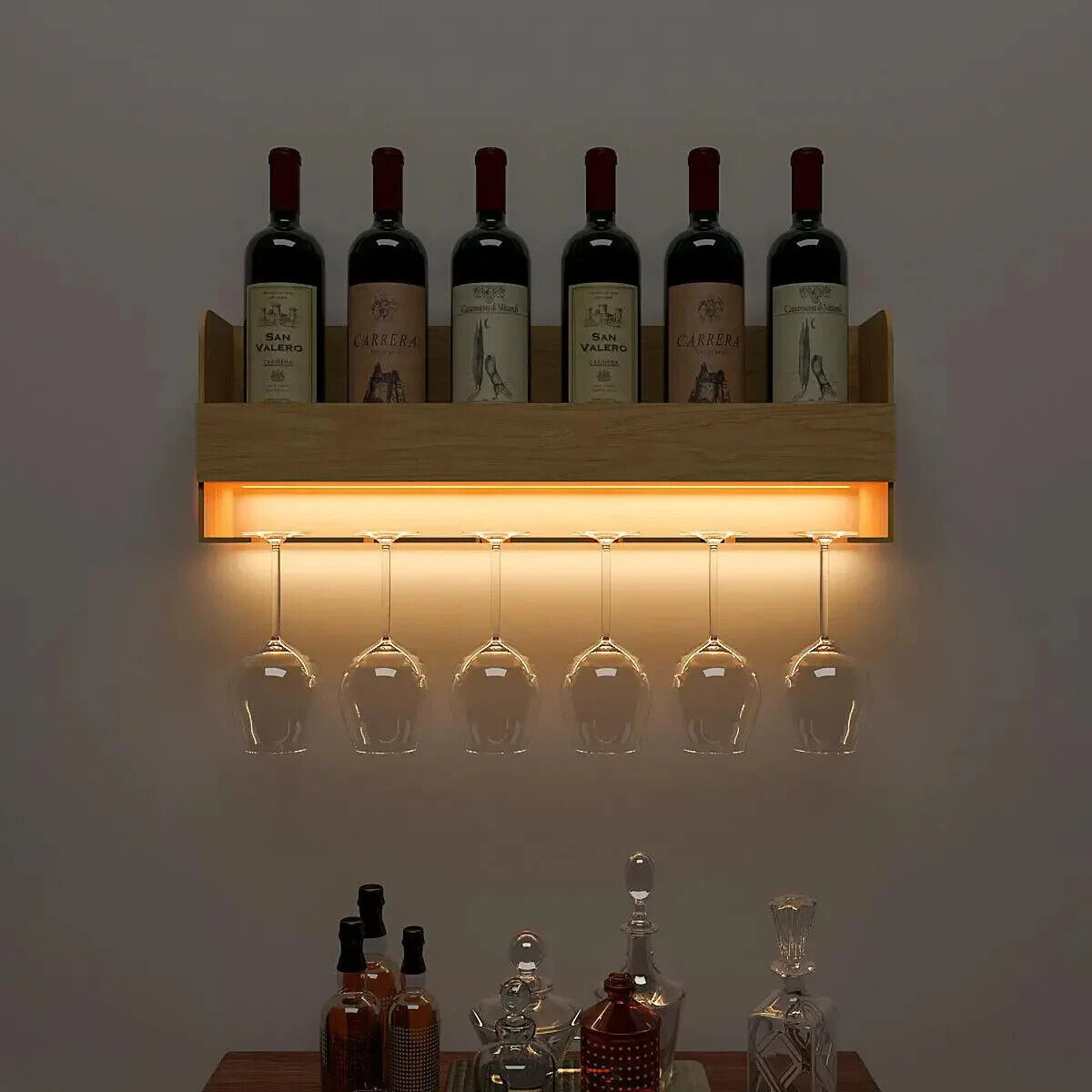 Minimalistic Backlit Wall Mounted Bar Shelf in Light Oak Finish