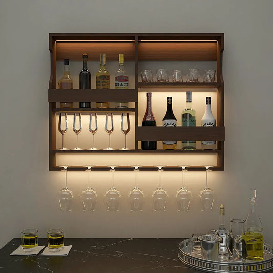 Luxurious Chocolate-Coloured Wooden Bar Wall Shelf / Mini Bar Cabinet