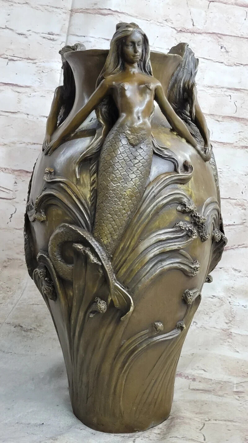 Bronze Sculpture Handcrafted Mermaid Vase Planter Home Office Decoration - 14.5"