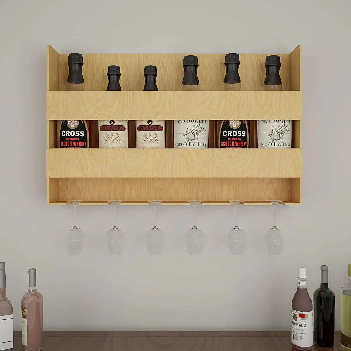 Aesthetic Backlit Wall Mounted Bar Shelf in Light Oak Finish