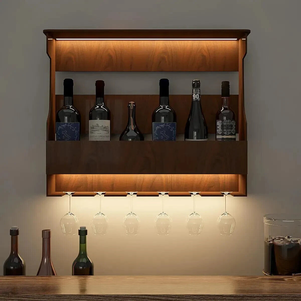 Backlit Wooden Bar Wall Shelf / Mini Bar Cabinet in Walnut Finish