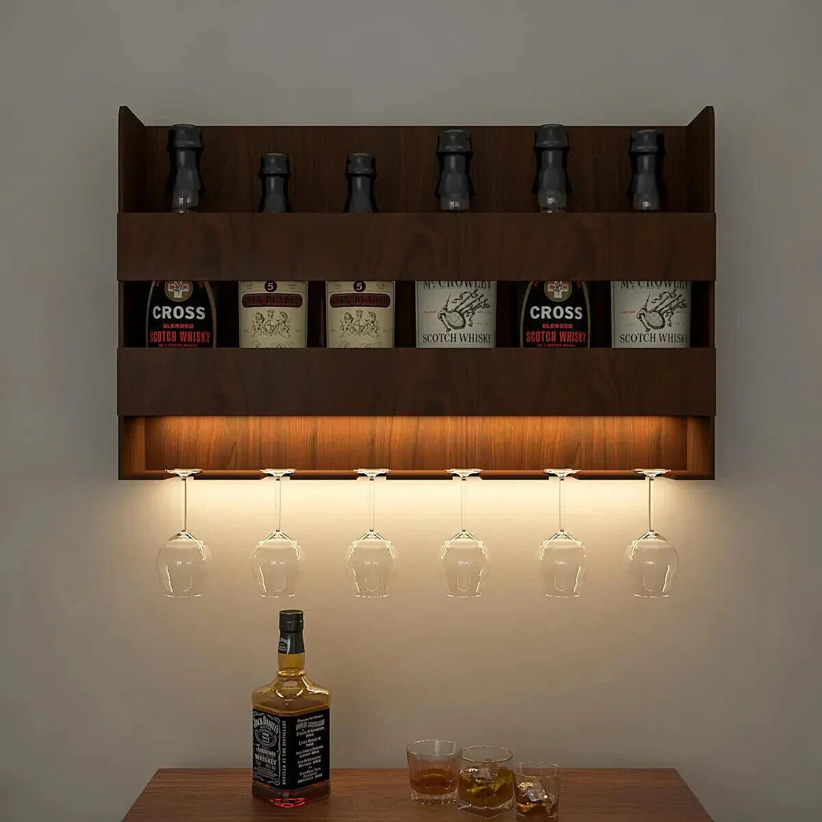 Sturdy Backlit MDF Bar Wall Shelf / Mini Bar Cabinet (Walnut Finish)