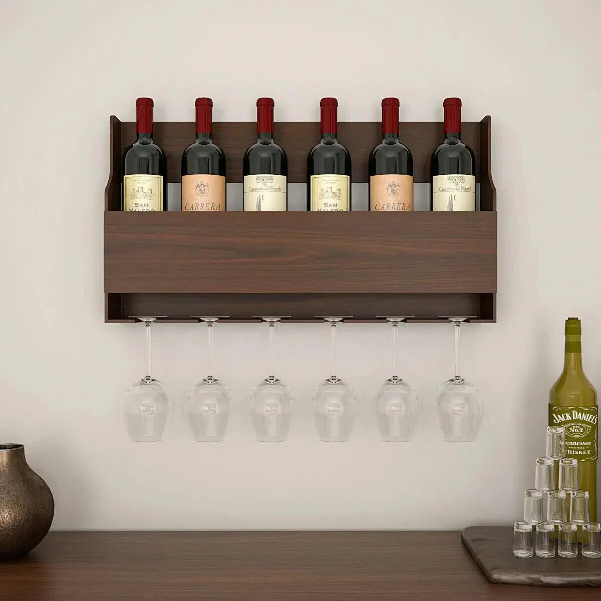 Spacious Backlit MDF Bar Wall Shelf / Mini Bar Cabinet in Walnut Finish