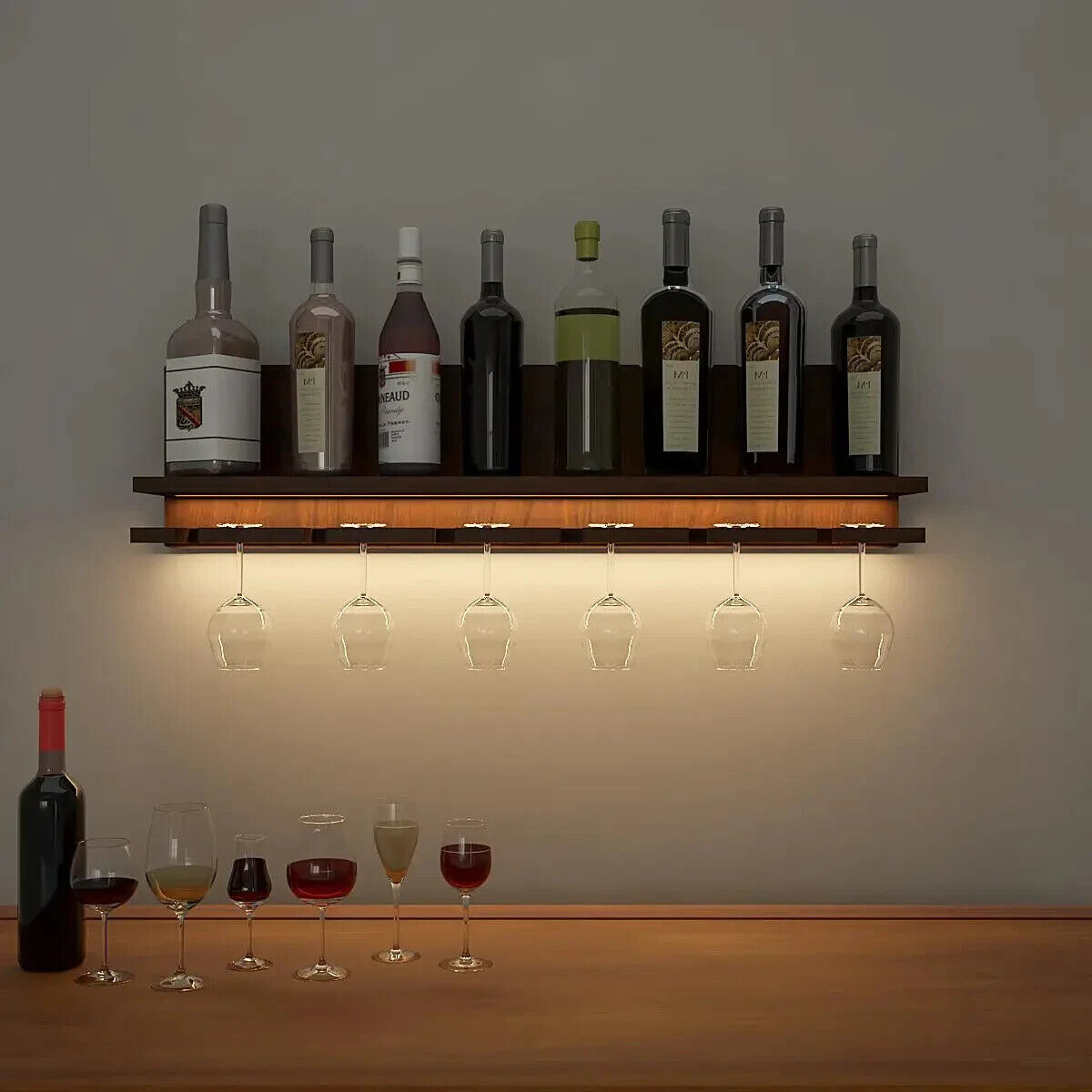 Aesthetic Backlit MDF Bar Wall Shelf / Mini Bar Cabinet (Walnut Finish)