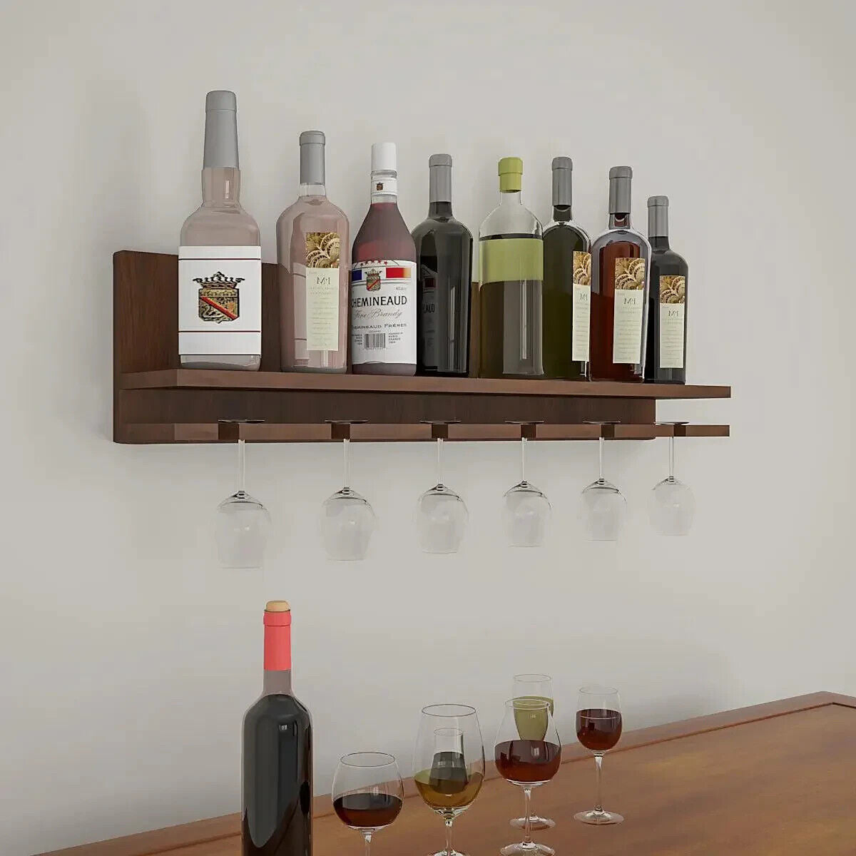 Aesthetic Backlit MDF Bar Wall Shelf / Mini Bar Cabinet (Walnut Finish)