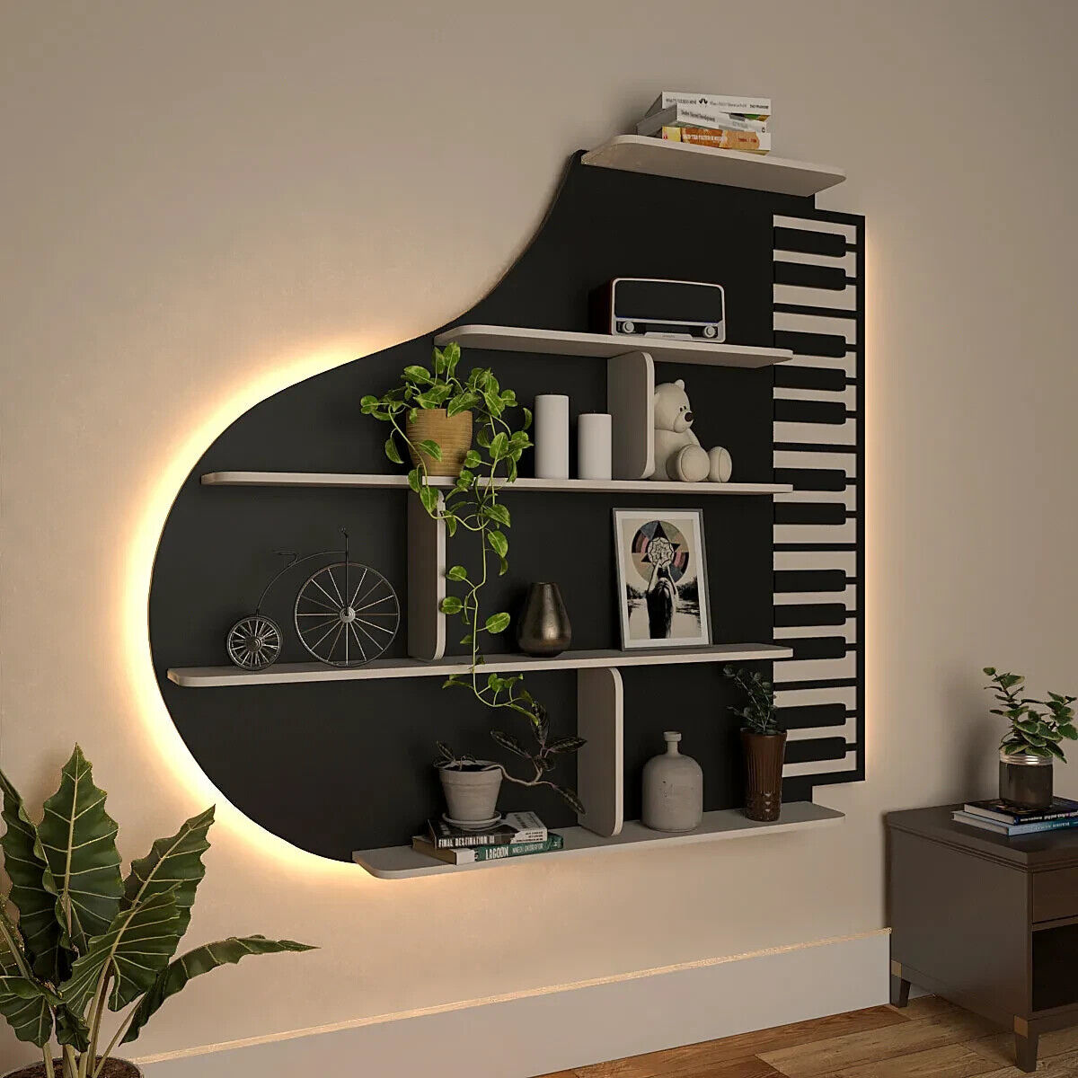 Backlit Piano Designer Wooden Wall Shelf 29 Inch