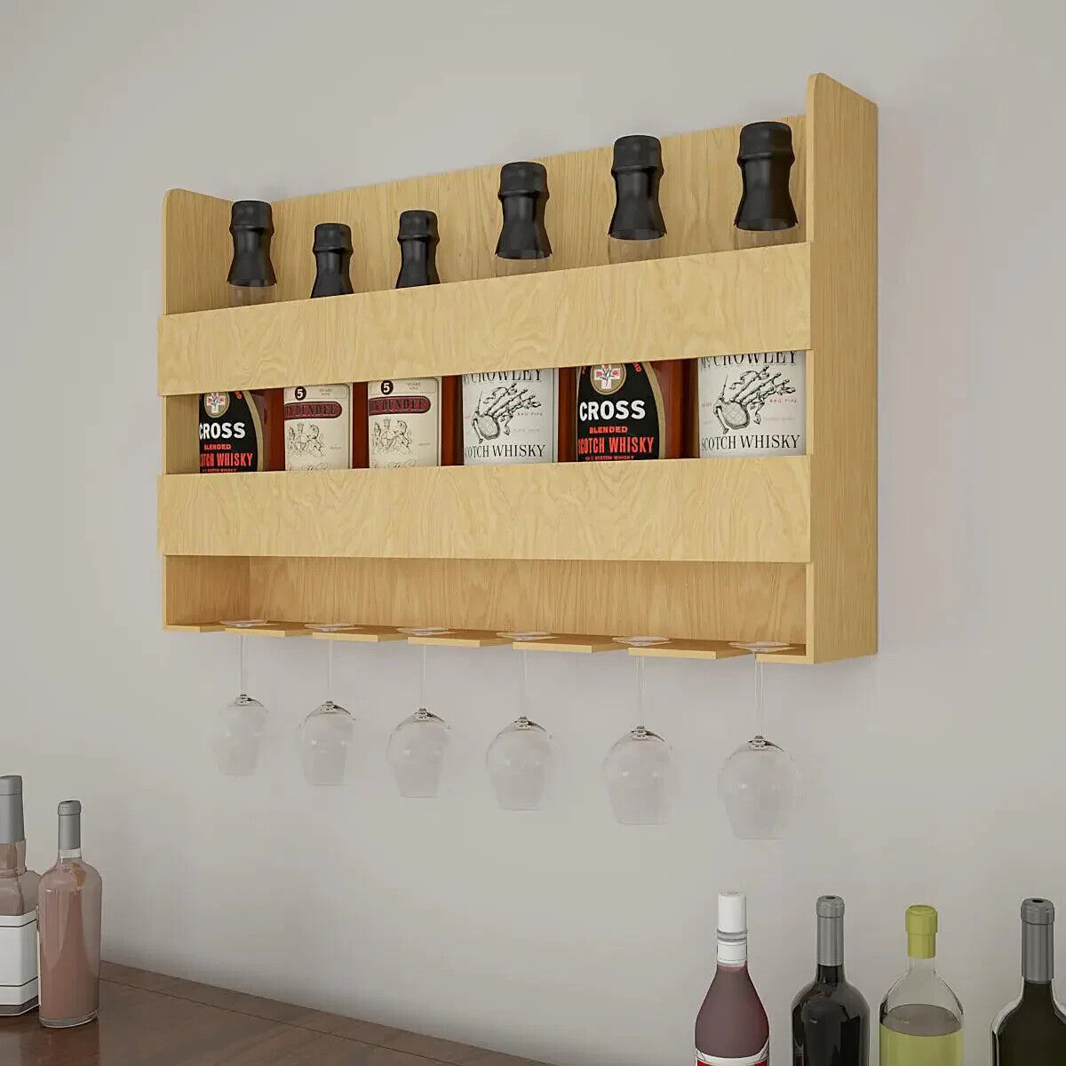 Aesthetic Backlit Wall Mounted Bar Shelf in Light Oak Finish