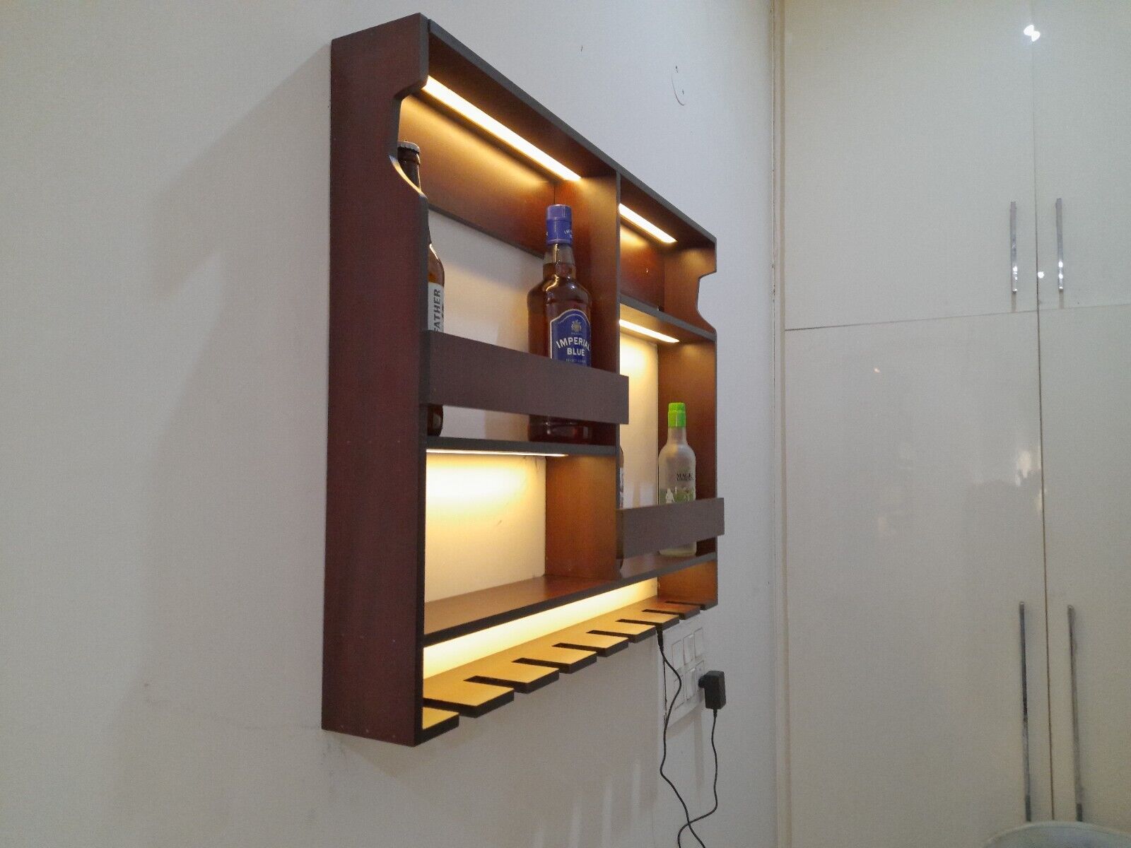 Luxurious Backlit Walnut-Finished Bar Shelf / Mini Bar Cabinet - 24 Inch