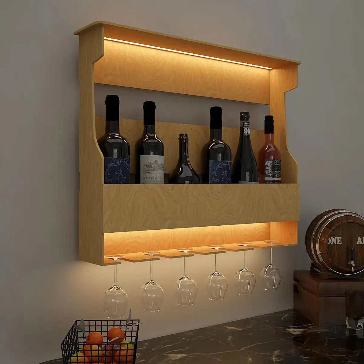 Premium-Quality Backlit MDF Bar Wall Shelf / Bar Cabinet in Light Oak Finish