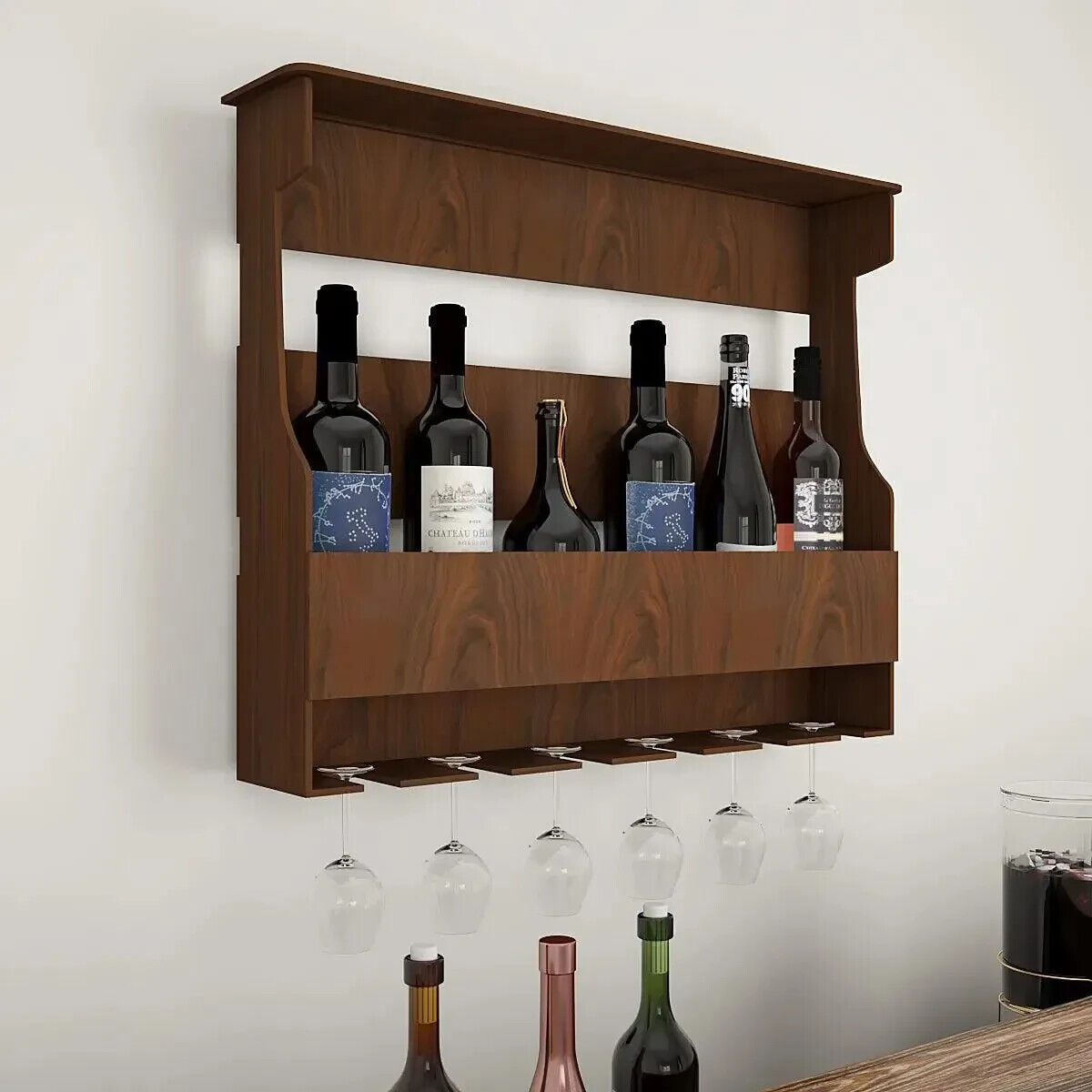 Backlit Wooden Bar Wall Shelf / Mini Bar Cabinet in Walnut Finish