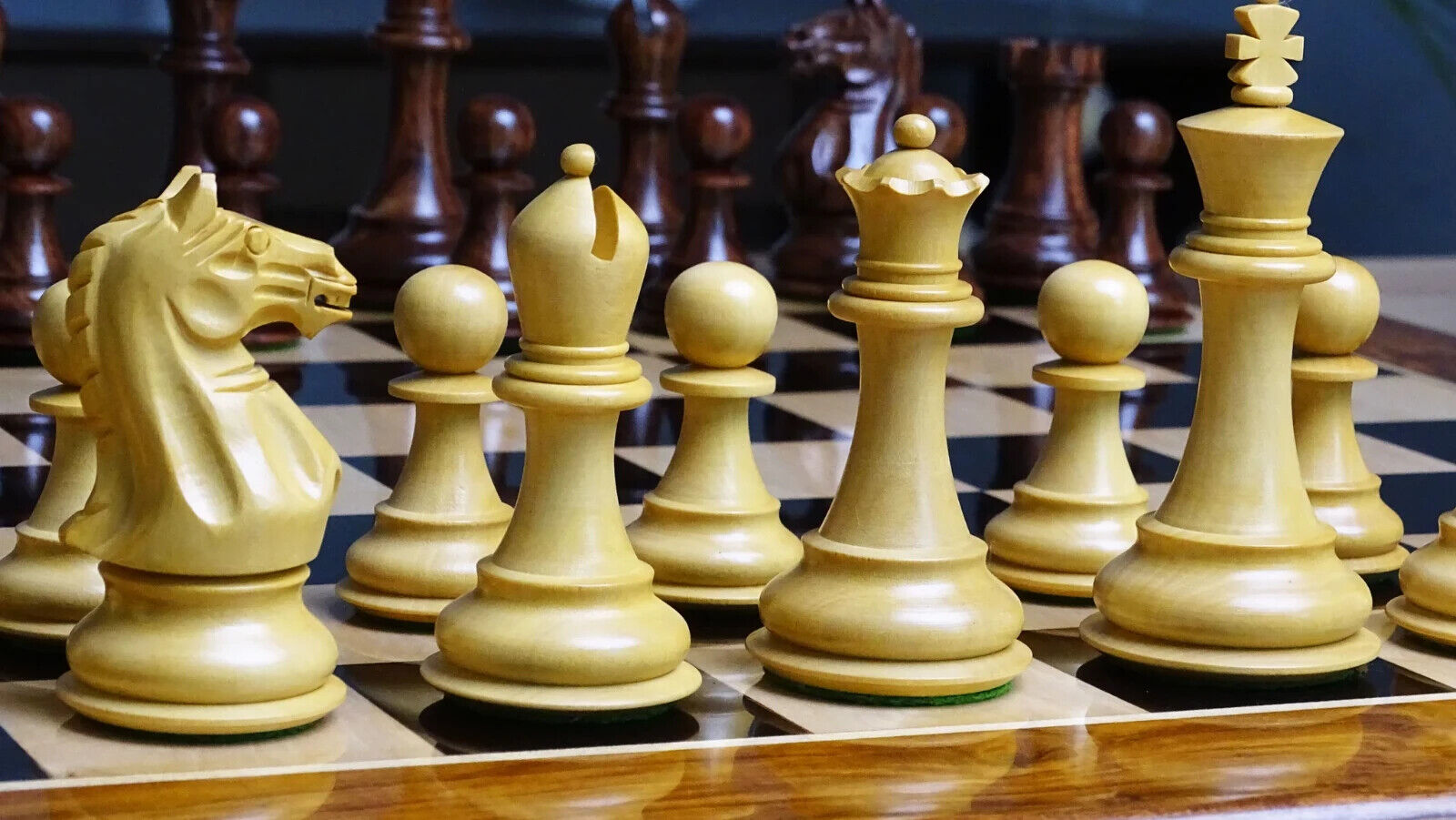 Staunton Weighted Chess Pieces in Acacia Wood & Indian Boxwood - 4 inch King