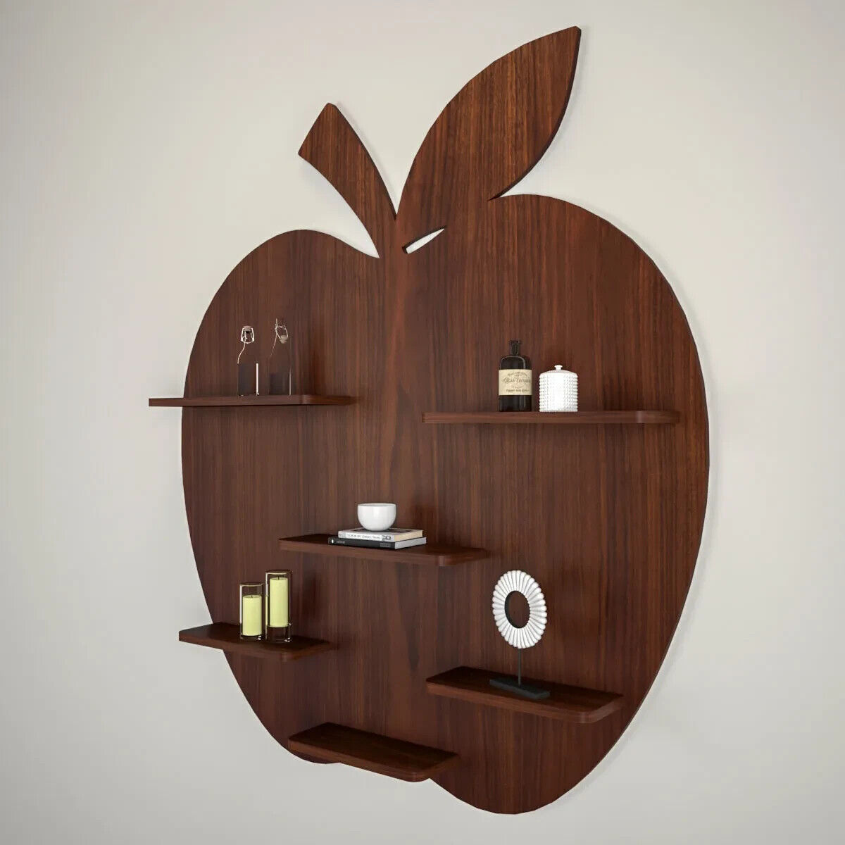 Apple Shape Backlit Wood Wall Shelf / Book Shelf - Walnut Finish 36 inch