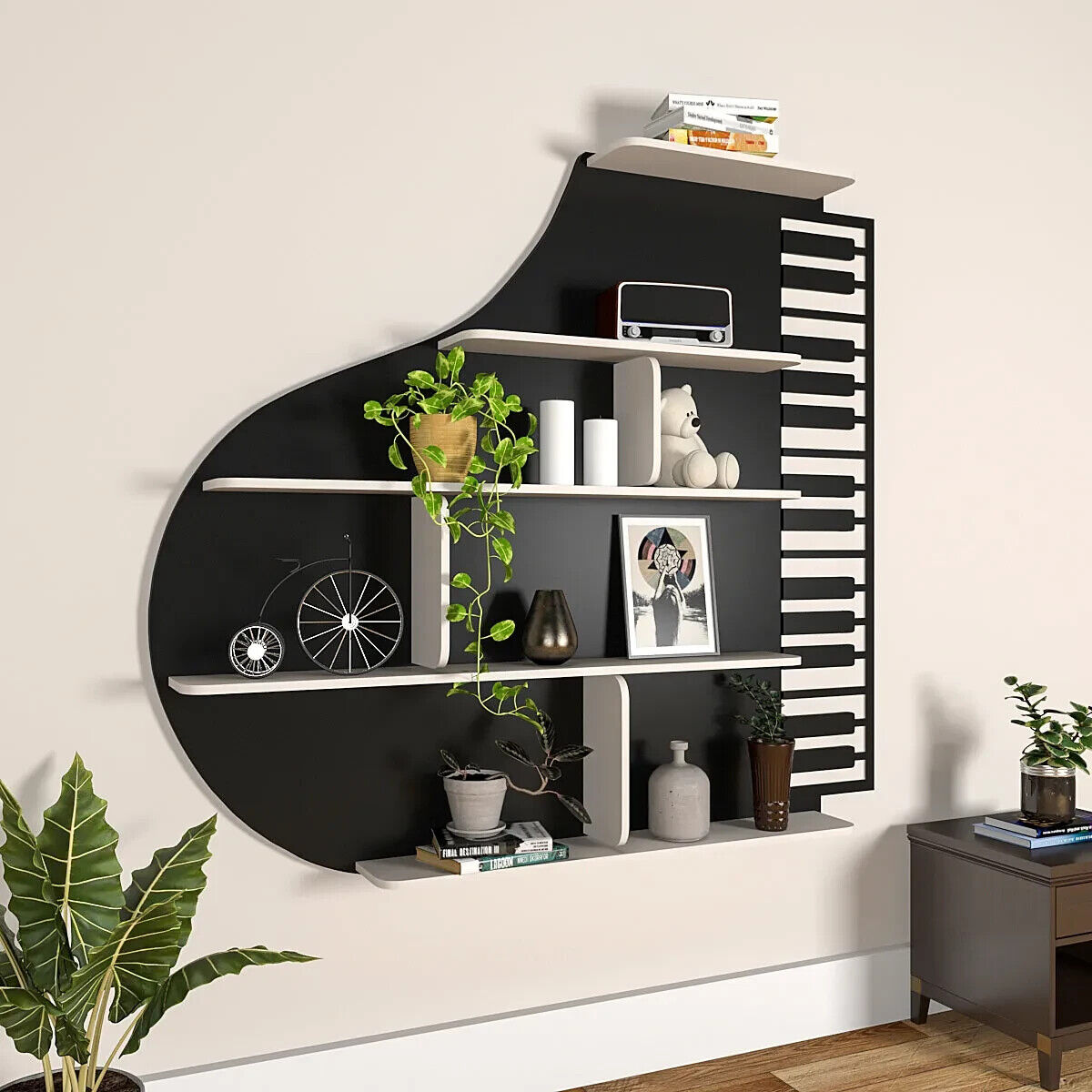 Backlit Piano Designer Wooden Wall Shelf 29 Inch