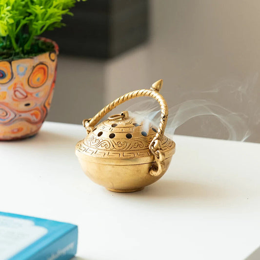 'Inaayat' Dhoop Dani Brass Incense Burner (Hand-Etched, 12.7 cm, 600 grams)