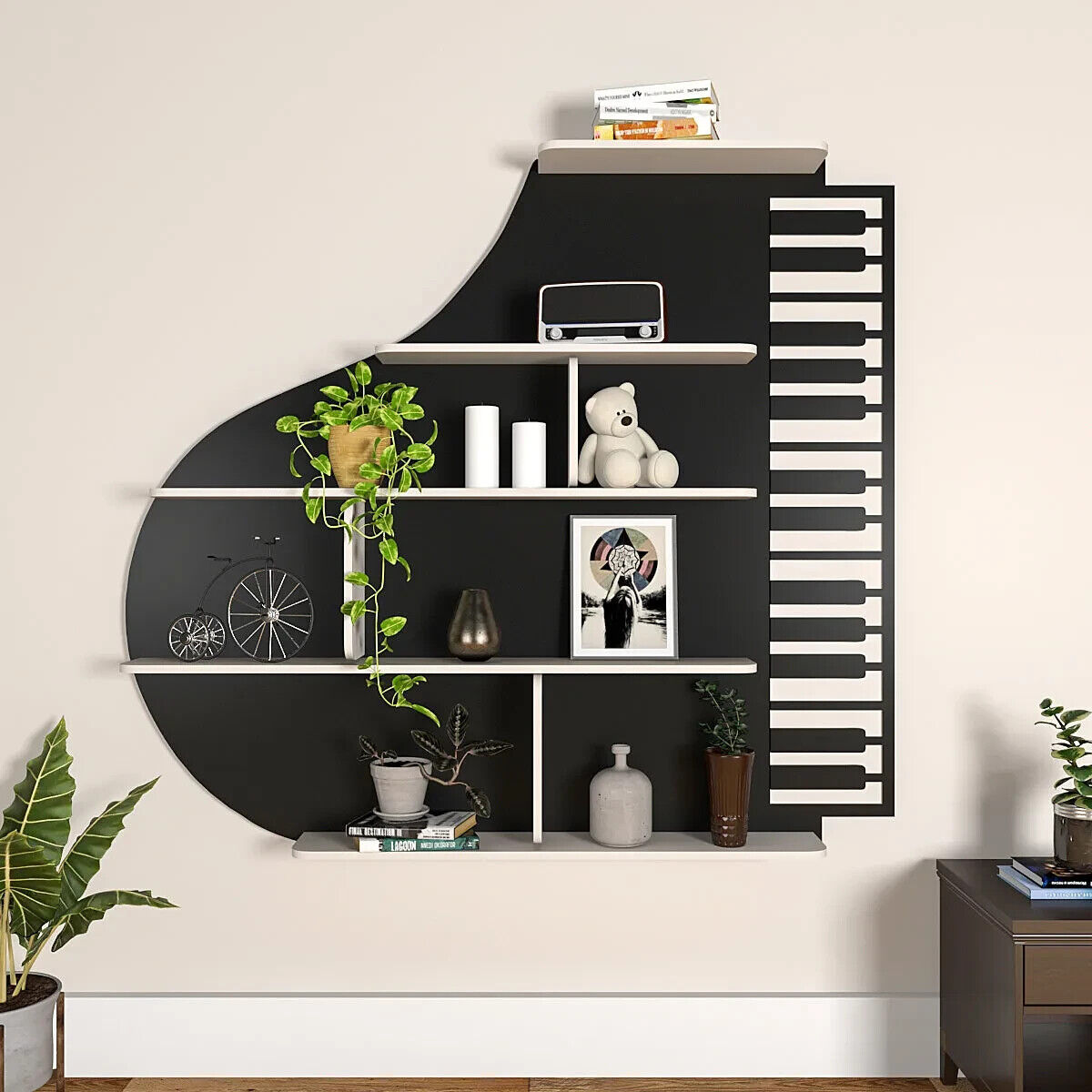 Backlit Piano Designer Wooden Wall Shelf 29 Inch