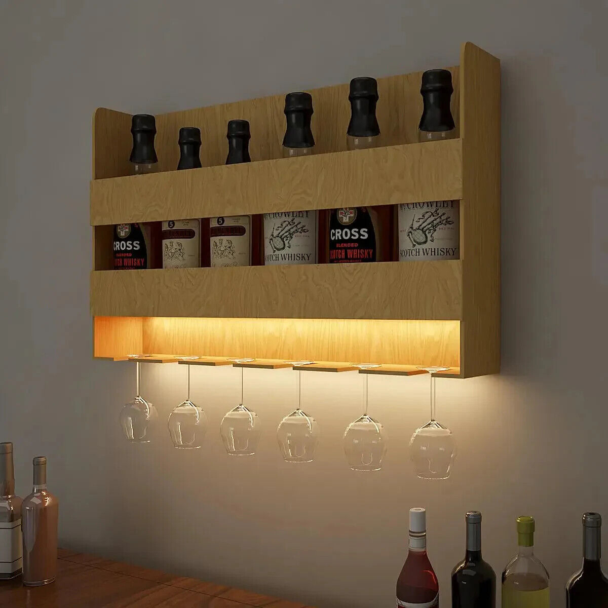 Aesthetic Backlit Wall Mounted Bar Shelf in Light Oak Finish