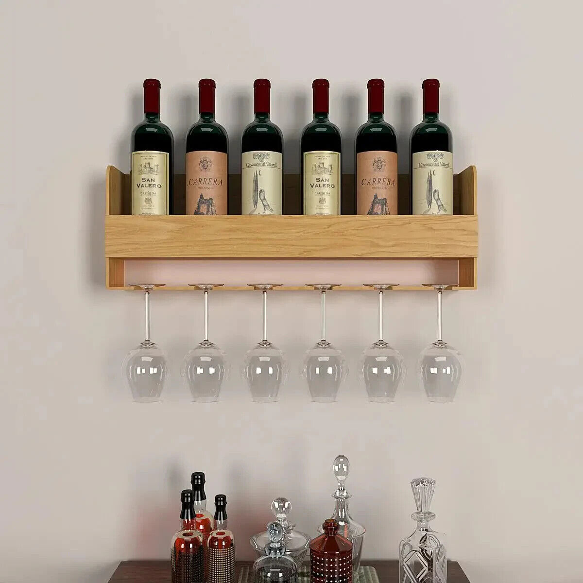 Minimalistic Backlit Wall Mounted Bar Shelf in Light Oak Finish