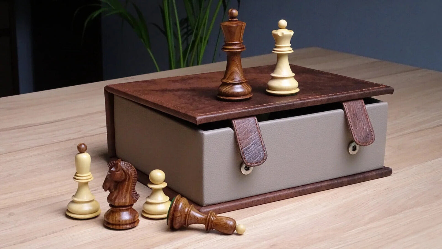 Chess Storage Box Book Style in Brown Leatherette for Chess Pieces upto 3.7 inch