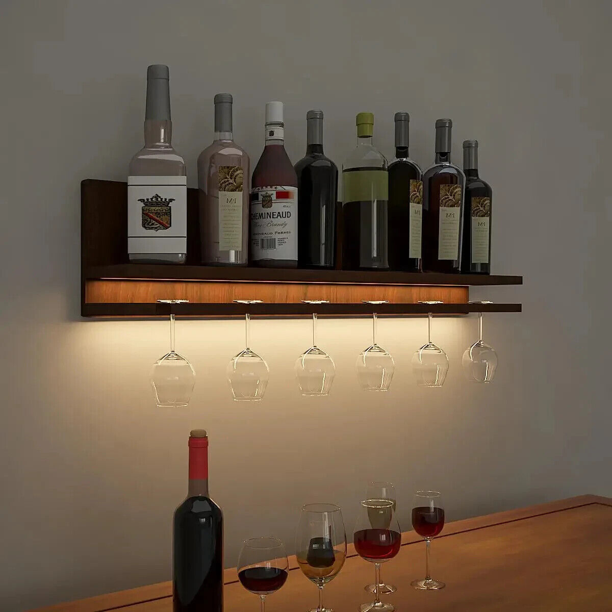 Aesthetic Backlit MDF Bar Wall Shelf / Mini Bar Cabinet (Walnut Finish)