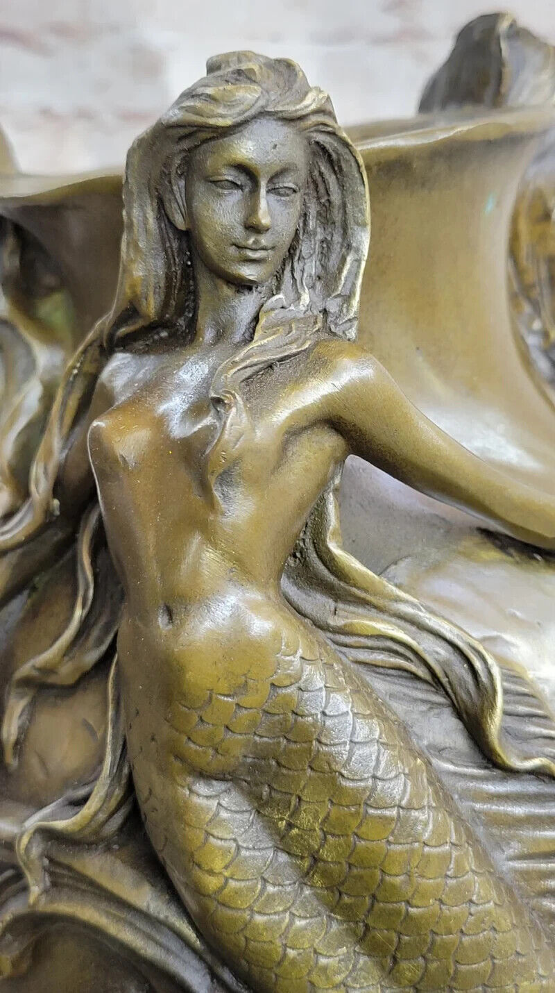 Bronze Sculpture Handcrafted Mermaid Vase Planter Home Office Decoration - 14.5"