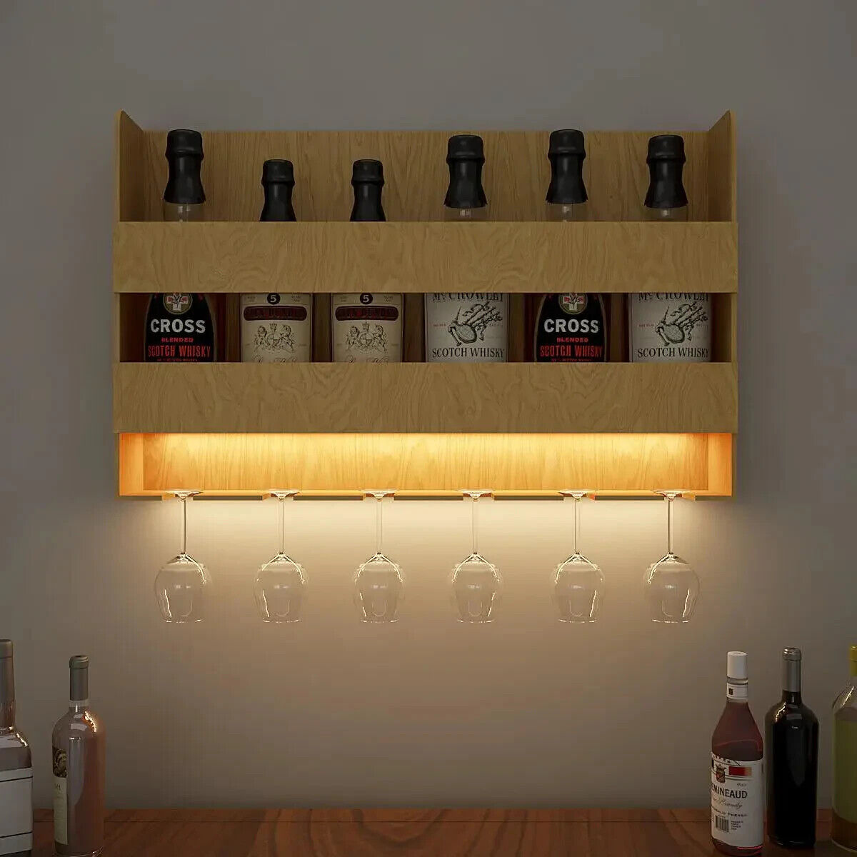 Aesthetic Backlit Wall Mounted Bar Shelf in Light Oak Finish