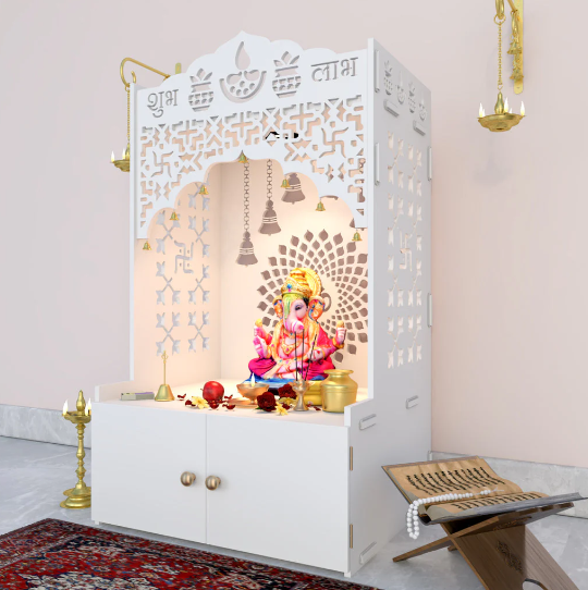 Divine Wooden Floor Temple with Spacious Shelf & Inbuilt Focus Light- White