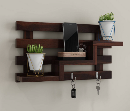 Sheesham Wood Wall Shelf With Key Holder - 10 inch height