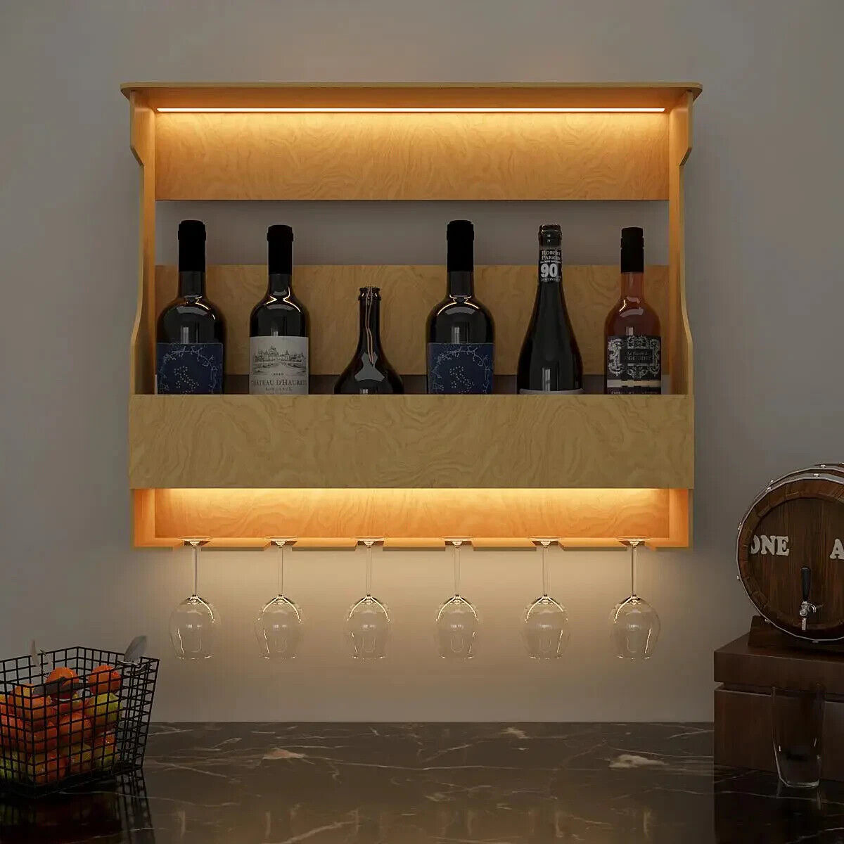 Premium-Quality Backlit MDF Bar Wall Shelf / Bar Cabinet in Light Oak Finish