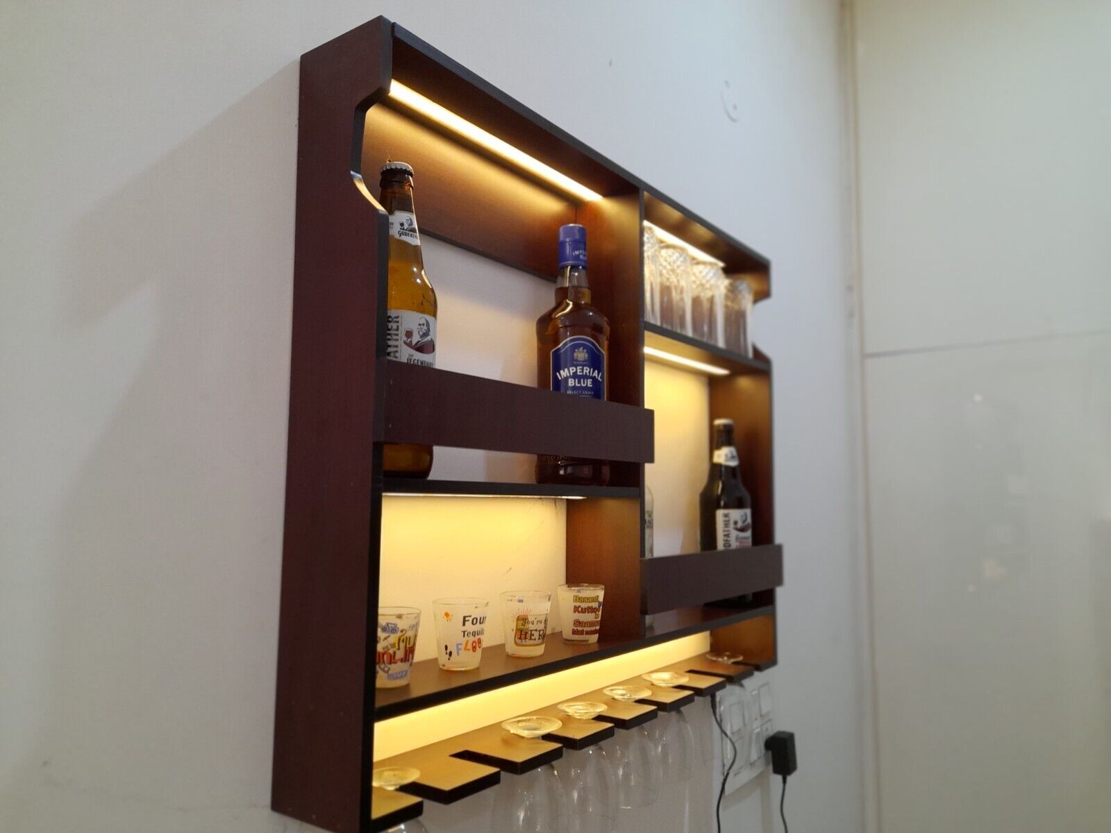 Luxurious Backlit Walnut-Finished Bar Shelf / Mini Bar Cabinet - 24 Inch