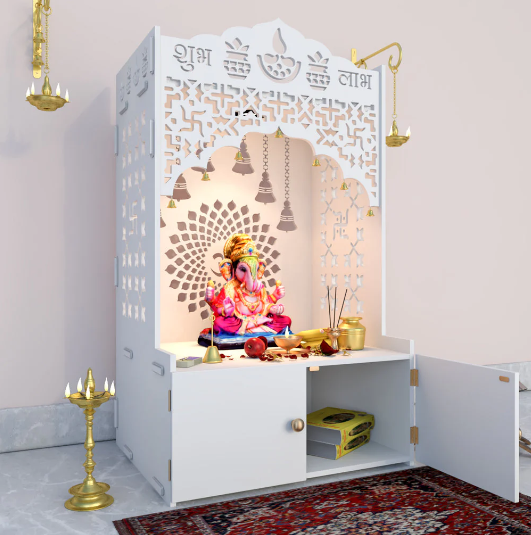 Divine Wooden Floor Temple with Spacious Shelf & Inbuilt Focus Light- White